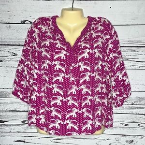 Crown & Ivy Petite Size PL Elephant Print Split V-Neckline Peasant Shirt Top